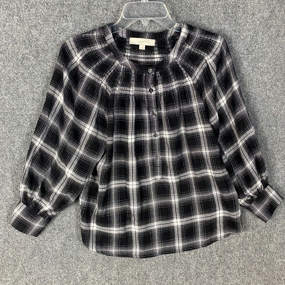 Loft Blouse Women's‎ Small Long Sleeve Plaid Black White Henley Viscose Blend S